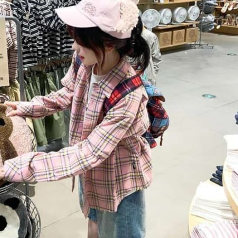 ピンクコーデ ゆるふわチェック柄オーバーシャツ