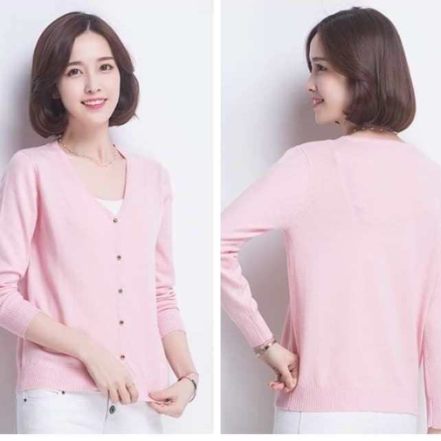 ピンクコーデ シンプル ベーシック 上品 Vネック ピンクカーディガン