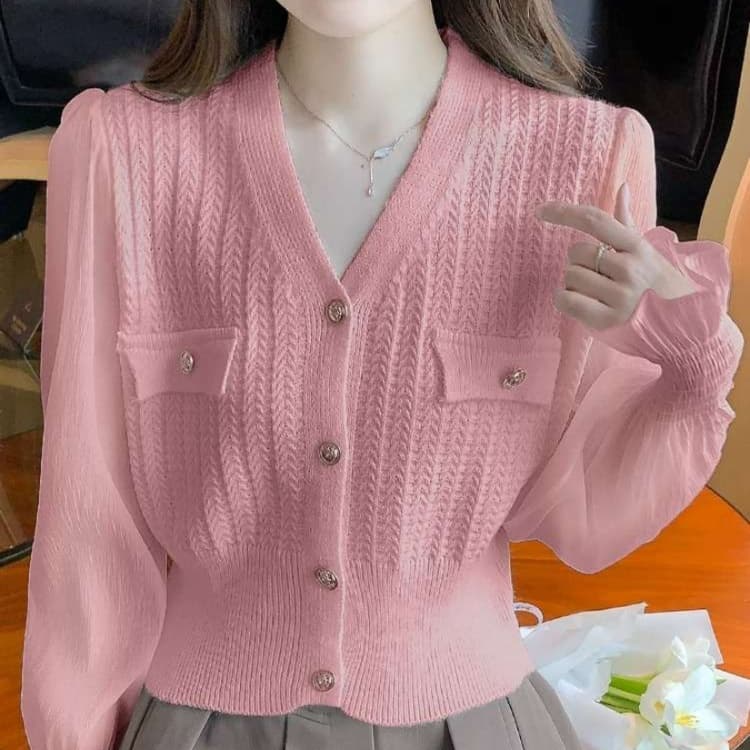 ピンクコーデ ケーブル編みニットピンクトップス