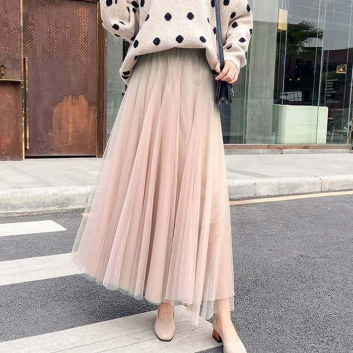ピンクコーデ ふんわりチュールロングスカート