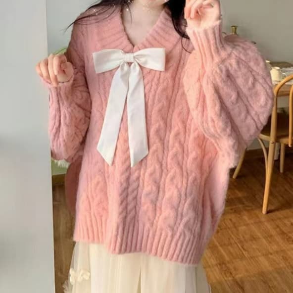 ピンクコーデ ふんわり優雅リボン付きニット
