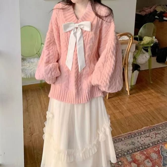 ピンクコーデ ふんわり優雅リボン付きニット