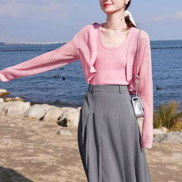 ピンクコーデ メッシュ編みクロップド丈カーディガン