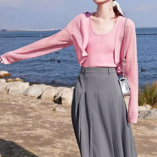 ピンクコーデ メッシュ編みクロップド丈カーディガン