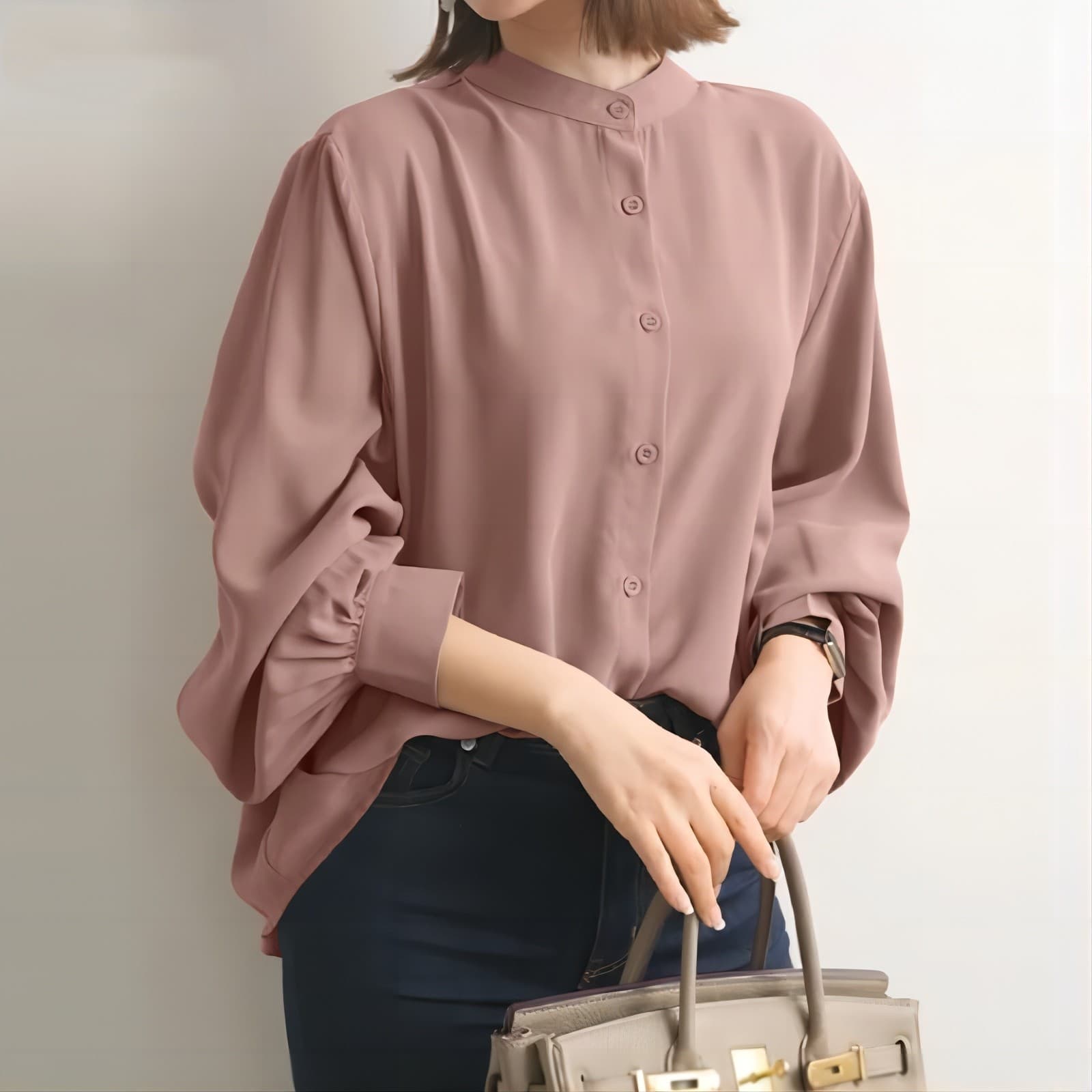 ピンクコーデ ギャザーハイネック くすみピンク 2WAY ブラウス