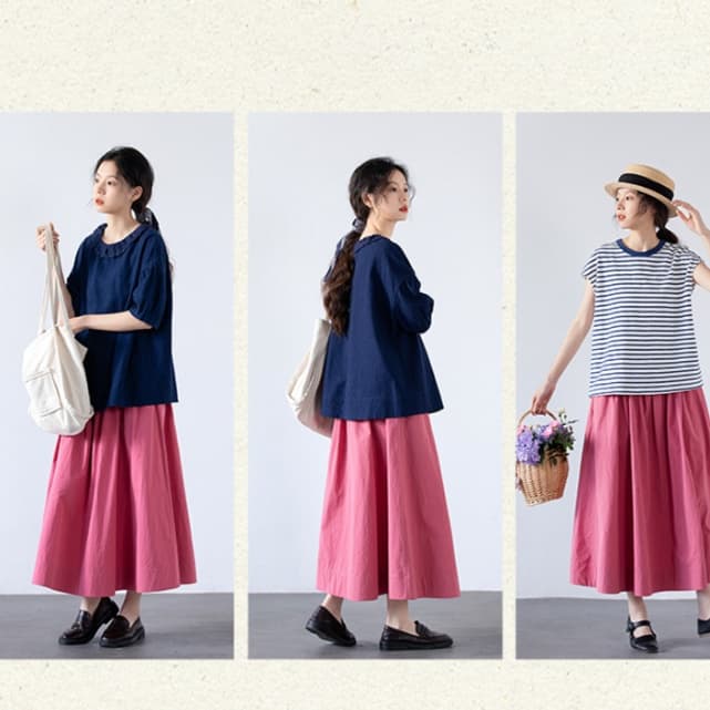 ピンクコーデ フレア ロング ピンクスカート ゆったりシルエット