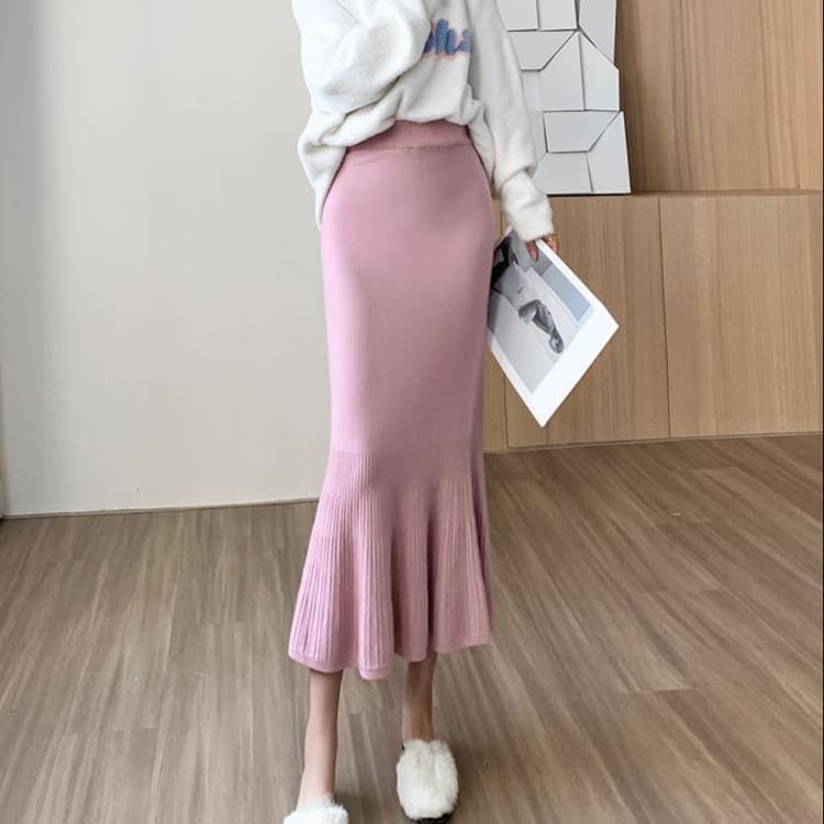 ピンクコーデ 裾プリーツ 切替ニット マーメイド ミモレ丈 エレガント ストレッチニット エレガント フェミニン ピンクスカート