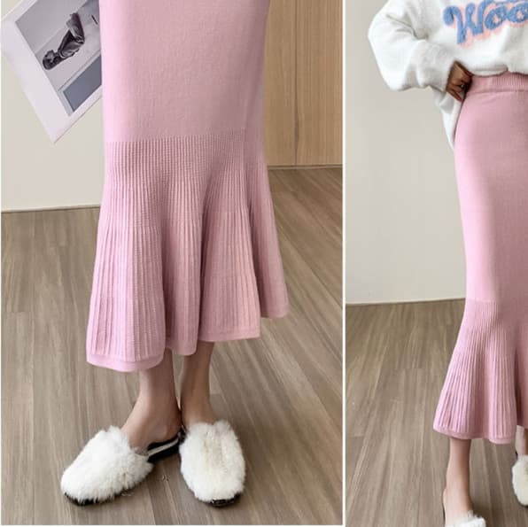 ピンクコーデ 裾プリーツ 切替ニット マーメイド ミモレ丈 エレガント ストレッチニット エレガント フェミニン ピンクスカート