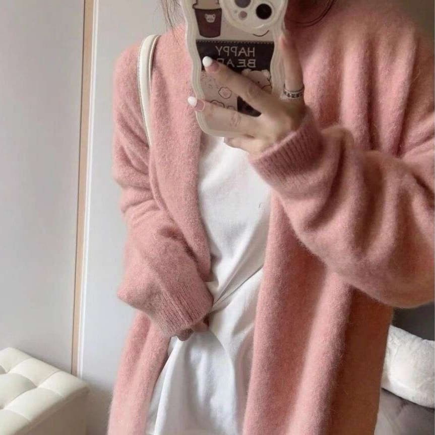 ピンクコーデ ふわもこロングニットカーディガン