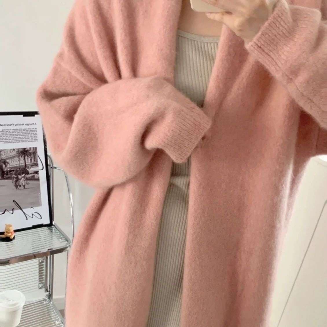 ピンクコーデ ふわもこロングニットカーディガン