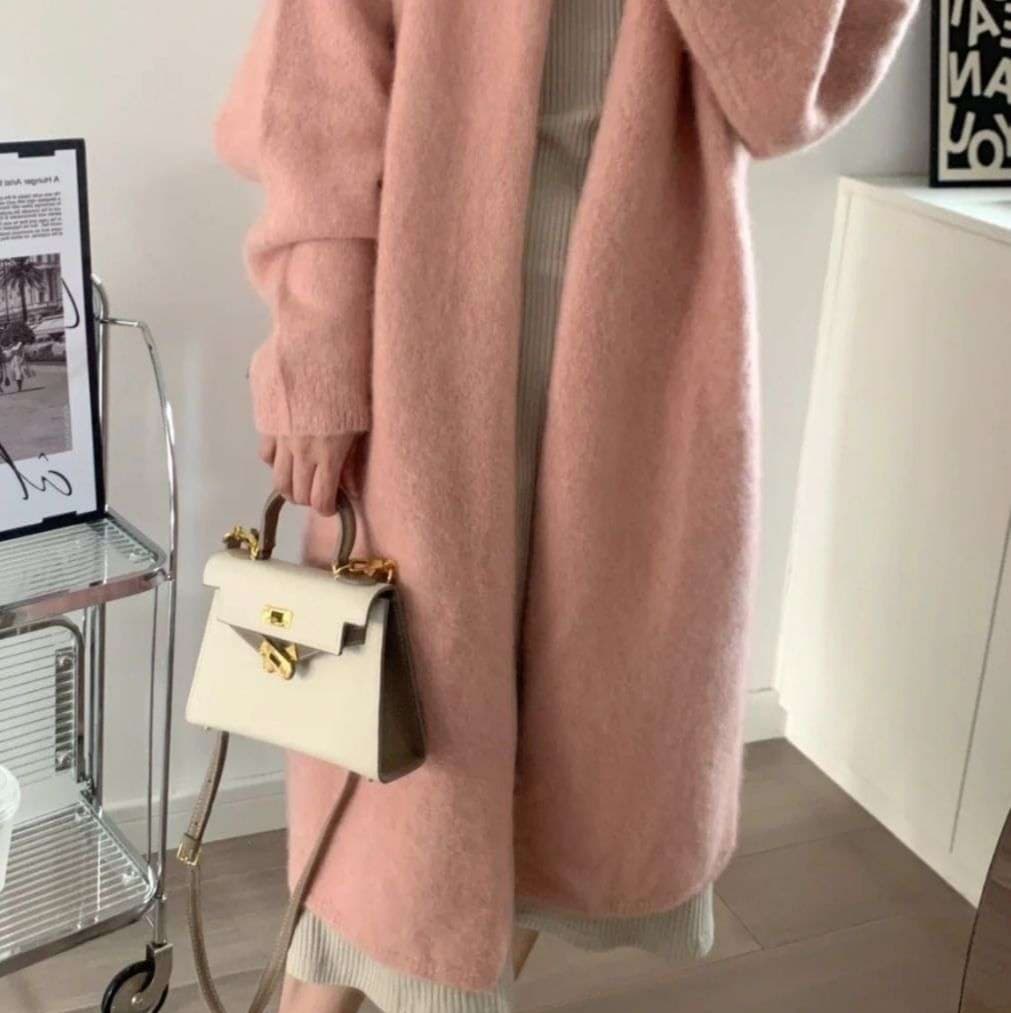 ピンクコーデ ふわもこロングニットカーディガン