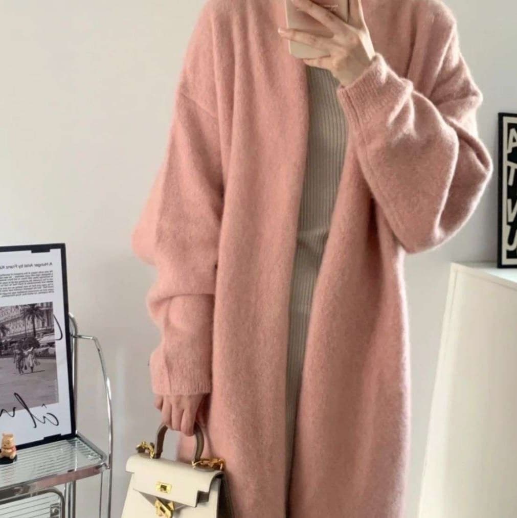 ピンクコーデ ふわもこロングニットカーディガン