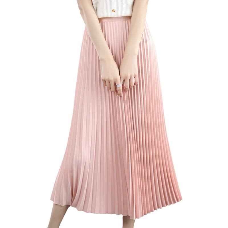 ピンクコーデ 上品プリーツのロングピンクスカート ミモレ丈