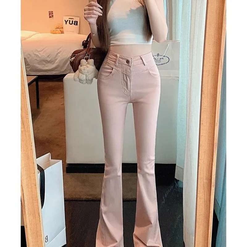 ピンクコーデ 美脚 ハイウエスト フレア くすみピンク ストレッチ パンツ