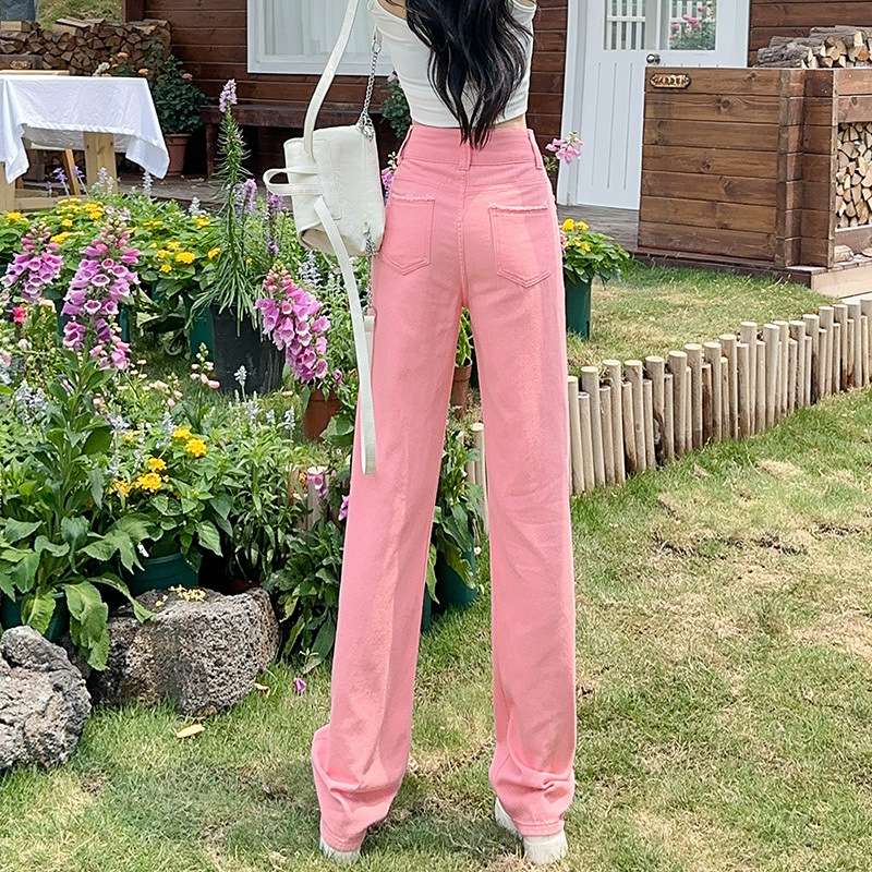 ピンクコーデ ダメージ加工 ストレート 足長 スタイルアップ カジュアル デニム ピンクパンツ