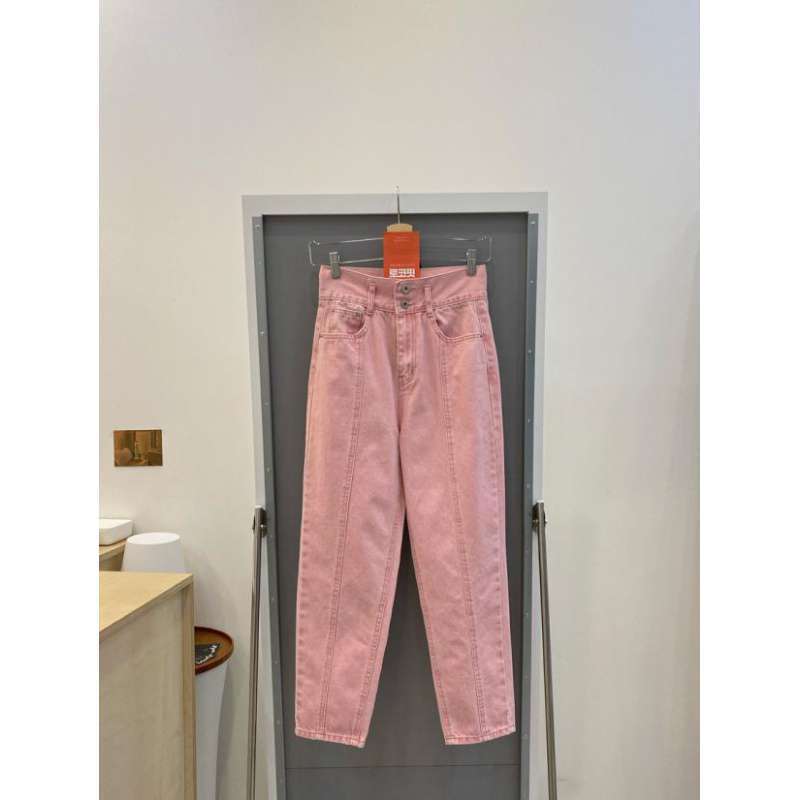 ピンクコーデ ハイウエストストレートデニムピンクパンツ