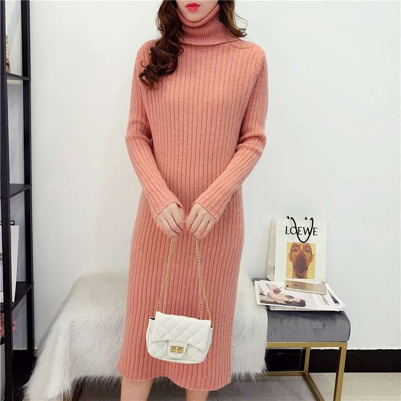 ピンクコーデ リブニット ロングワンピース タートルネック 秋冬 長袖 マキシ丈 ニット ロング丈 ゆったり スリット入り 無地 着痩せ シンプル おしゃれ ピンクコーデ