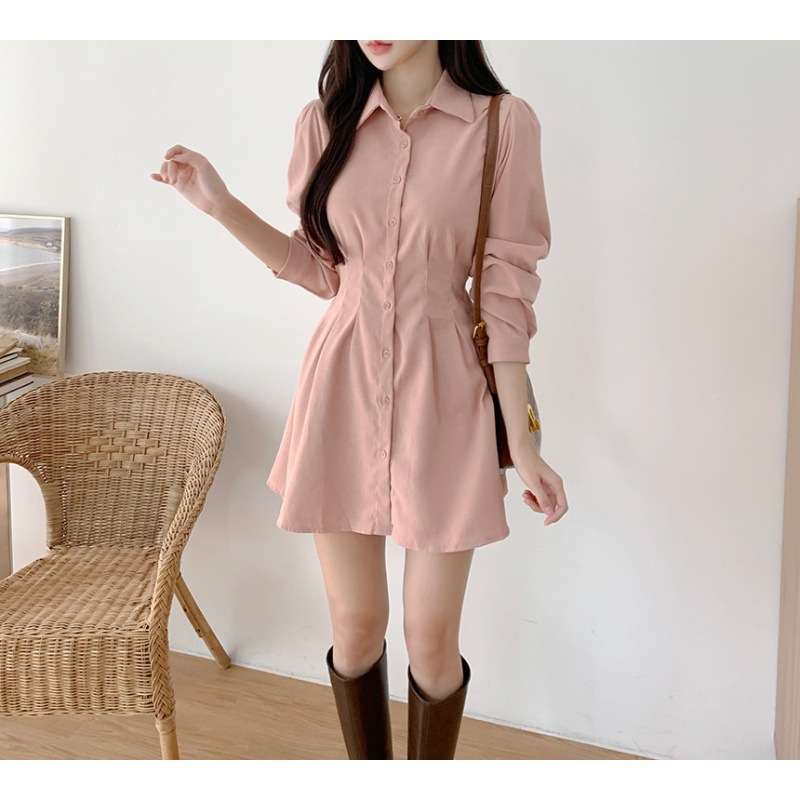 ピンクコーデ ふんわり袖のパフスリーブ♪ピンクシャツミニワンピース