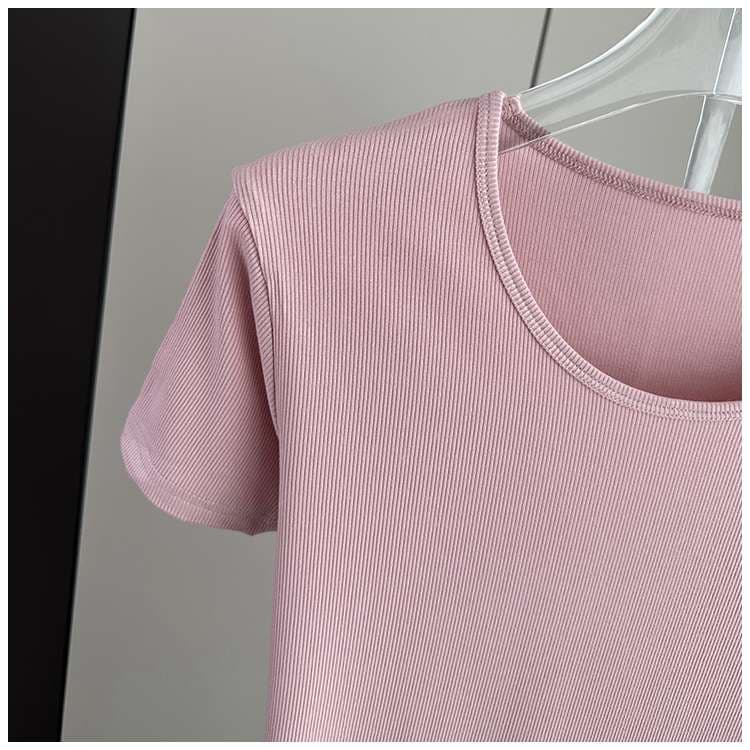 ピンクコーデ リブニット素材ベーシック半袖Tシャツ