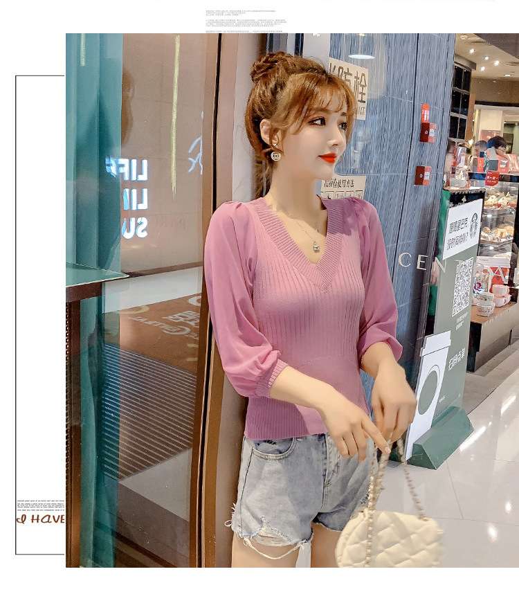 ピンクコーデ ふんわり袖リブニットピンクプルオーバー