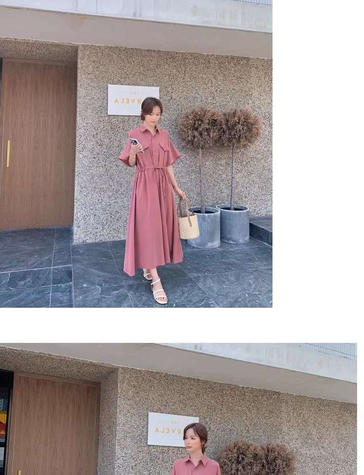 ピンクコーデ シャツカラーマキシピンクワンピース