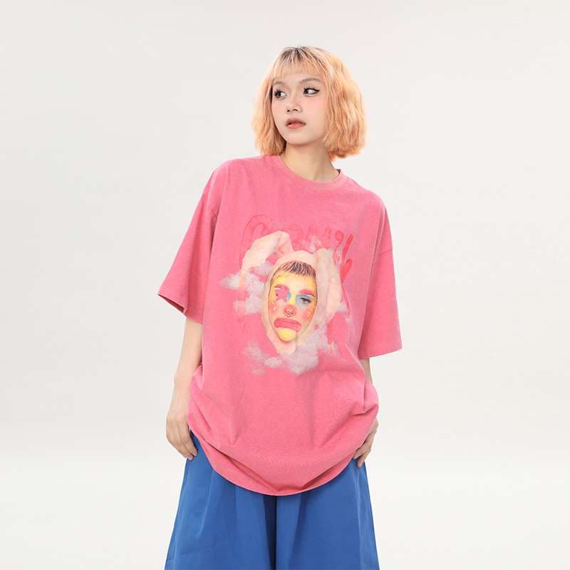 ピンクコーデ アート風プリントオーバーサイズTシャツ