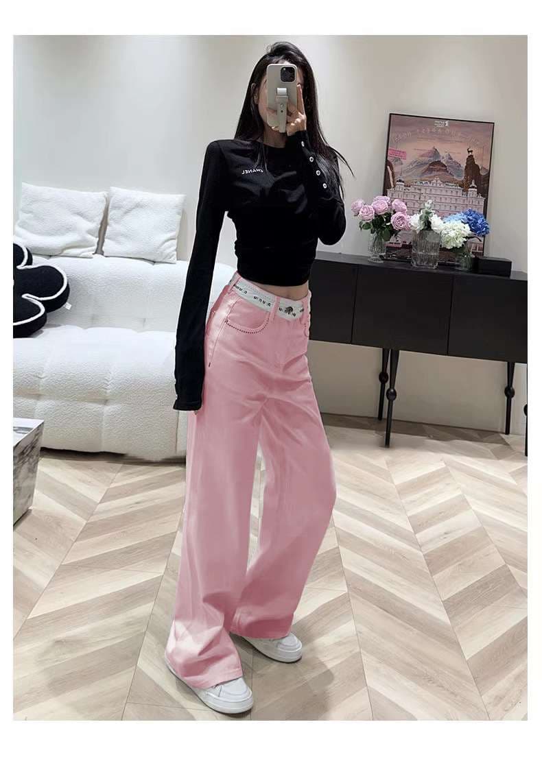 ピンクコーデ ハイウエストワイドパンツ
