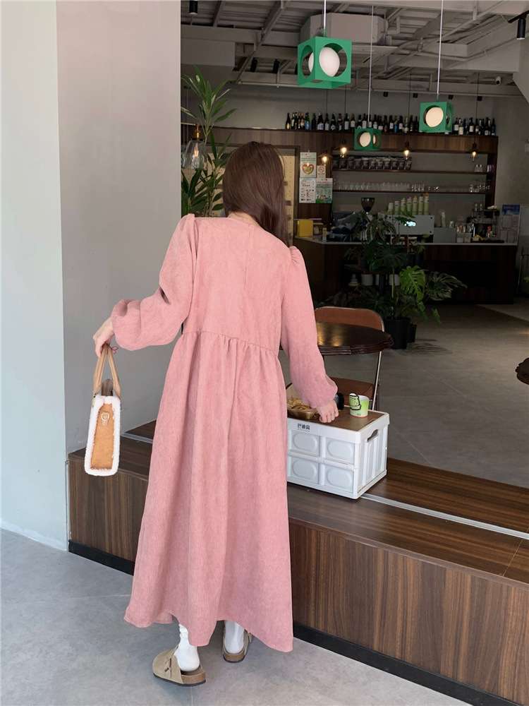 ピンクコーデ くすみピンク♥ふんわりシルエット 長袖マキシワンピース