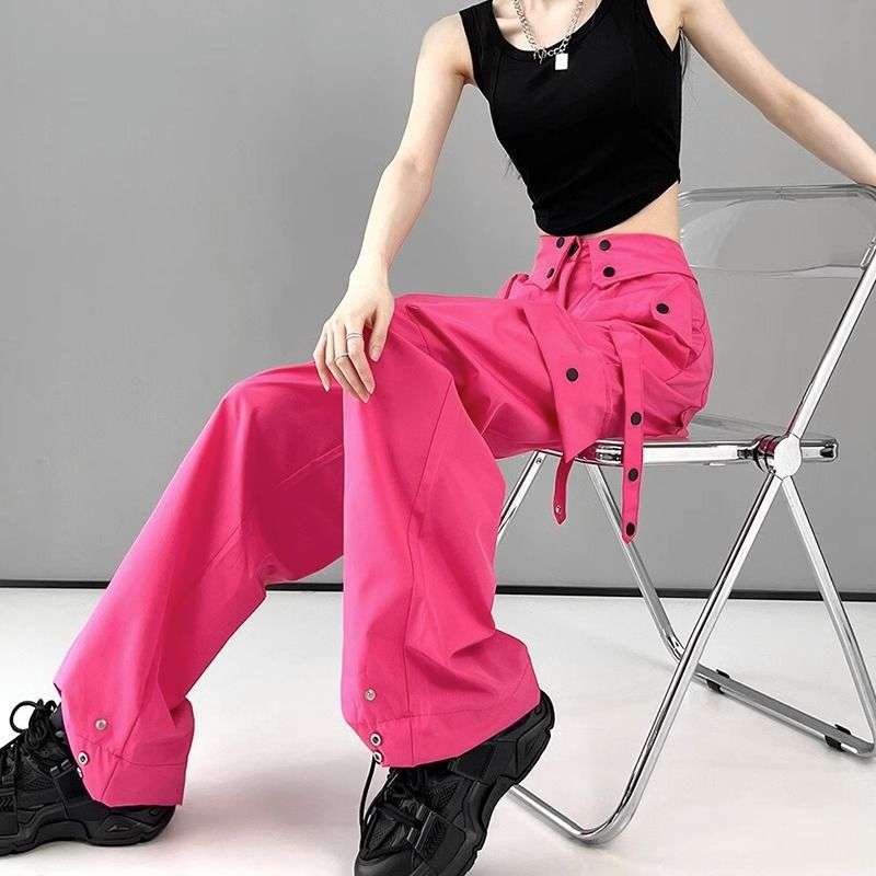 ピンクコーデ ストリート系 ワイド カーゴパンツ レディース カジュアル 秋冬 おしゃれ ワイドパンツ 韓国 ピンクコーデ