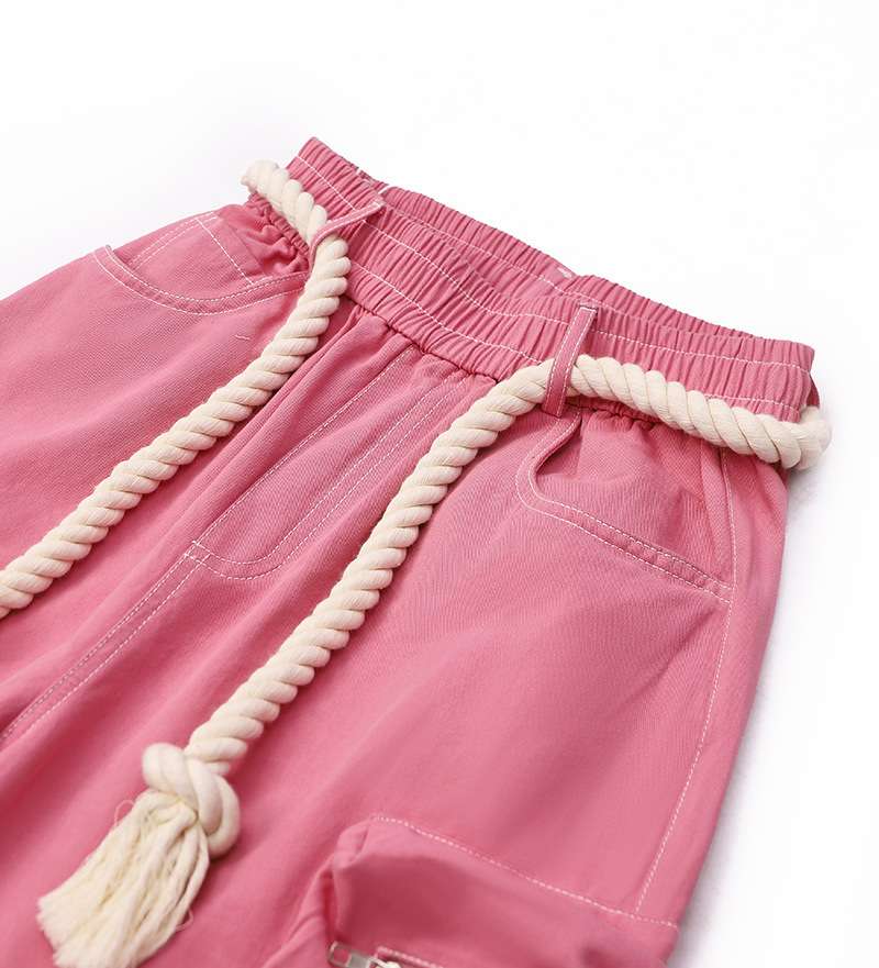 ピンクコーデ ゆったりカーゴワイドピンクパンツ ロープベルト付き