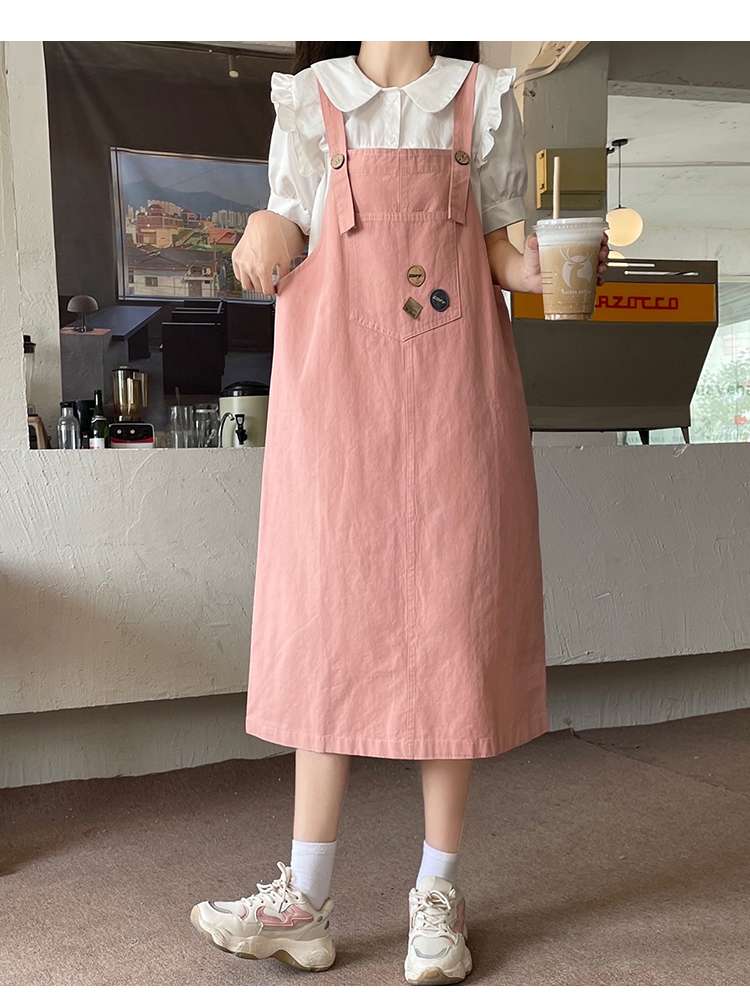 ピンクコーデ フリルブラウス重ね着風サロペットワンピース