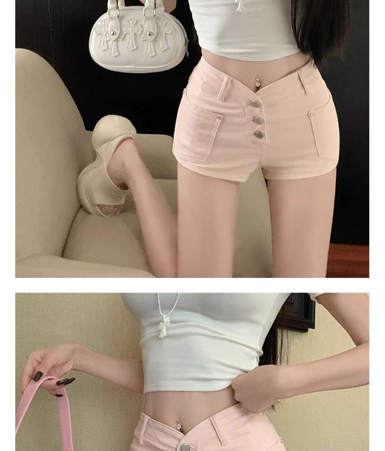 ピンクコーデ ハイウエストボタン付きショートパンツ