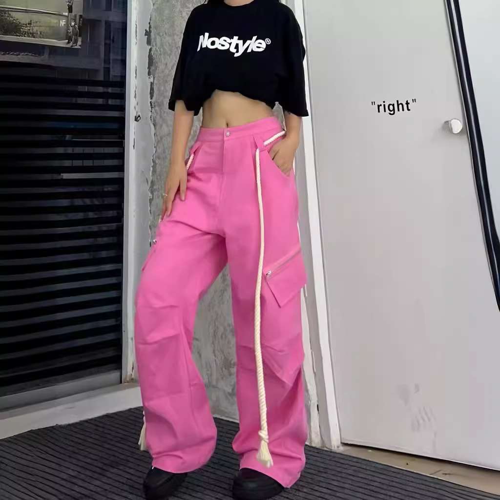 ピンクコーデ フリンジロープ付きワイドカーゴピンクパンツ