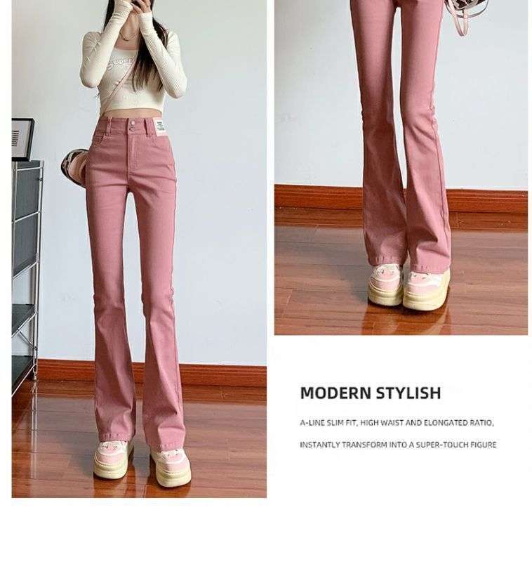 ピンクコーデ ハイウエストフレア ピンクパンツ 脚長効果 カジュアル きれいめ レッドピンク 上品 着回し力◎