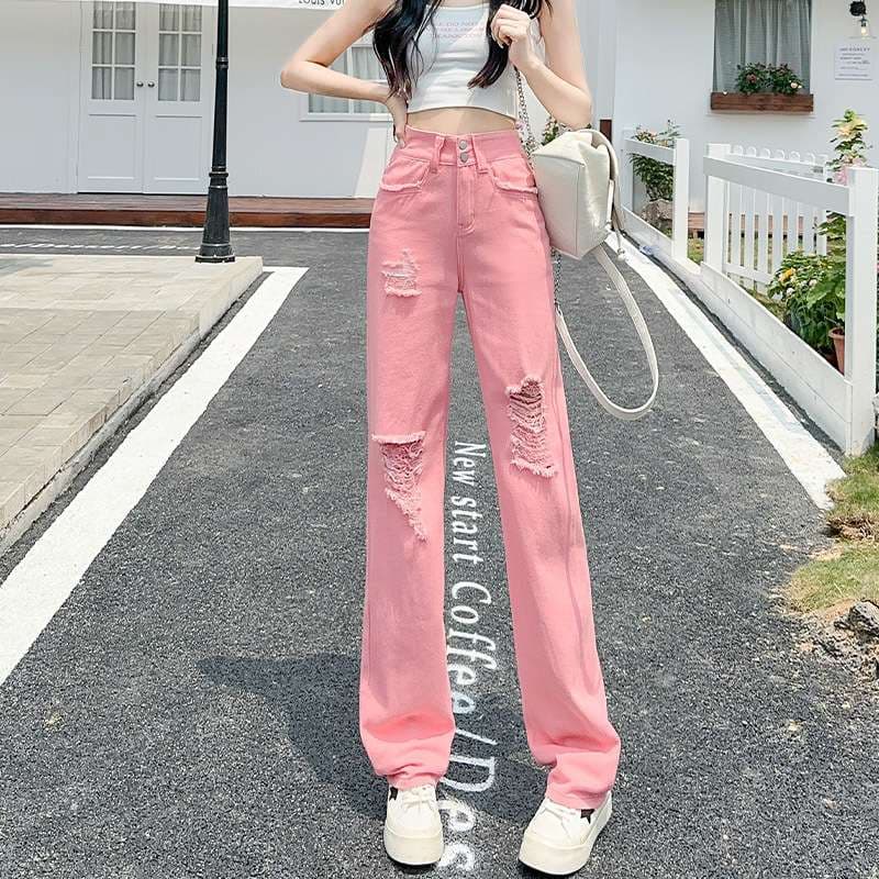 ピンクコーデ ダメージ加工 ストレート 足長 スタイルアップ カジュアル デニム ピンクパンツ
