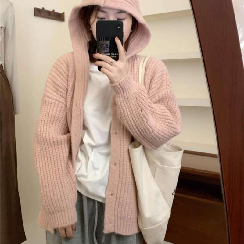 ピンクコーデ ふわもこ リブ編み ゆったり ローゲージニット パーカー 秋 冬 秋冬 レディース 着回し アウター 羽織り ピンクカーディガン ピンクコーデ