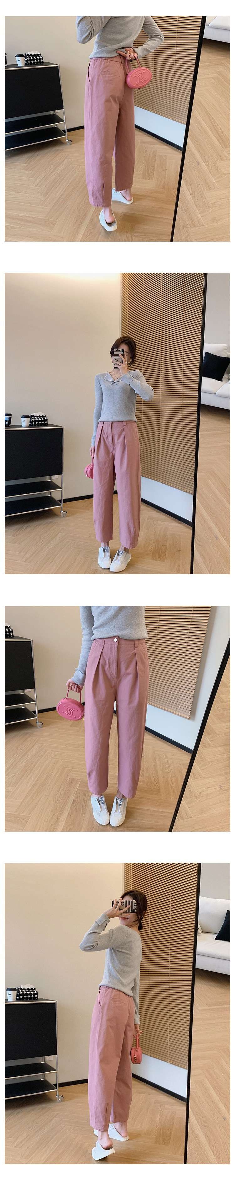 ピンクコーデ ゆったりシルエットのハイウエストピンクパンツ