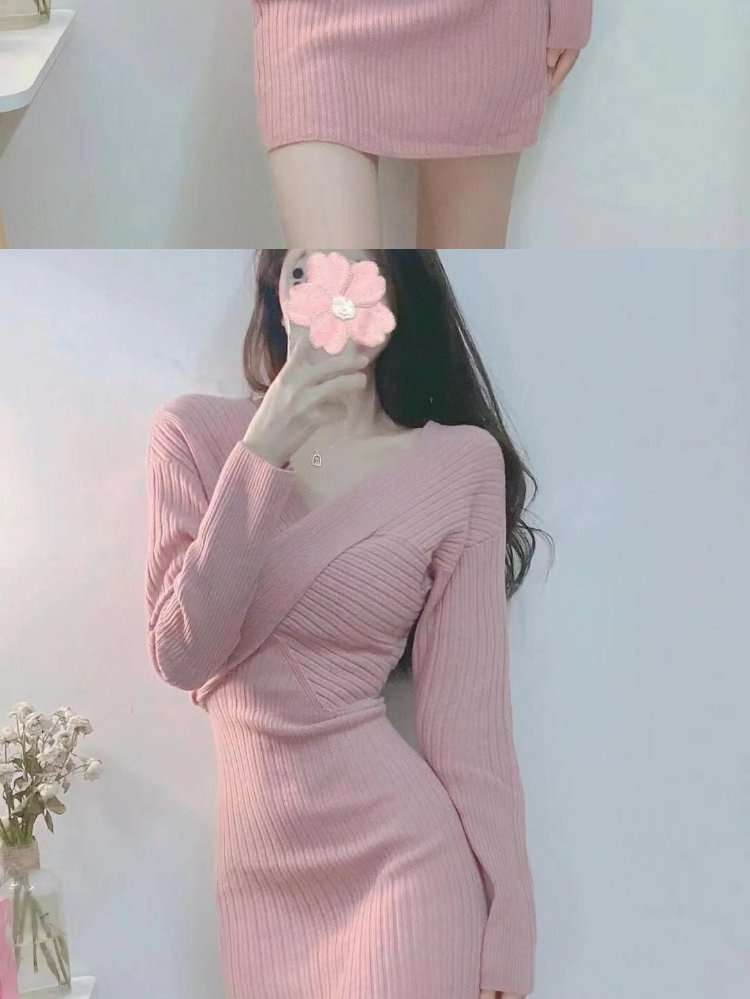 ピンクコーデ リブニット 長袖 華やか 女性らしい Vネック スタイルアップ シンプル タイト ピンクワンピース ピンクコーデ