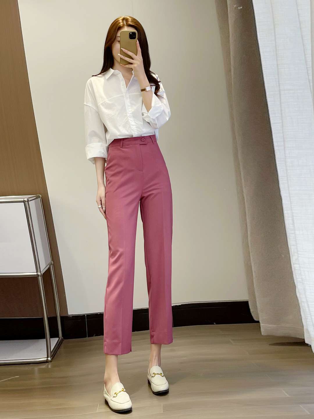 ピンクコーデ ハイウエスト ストレート 上品 スタイルアップ スラックス ボルドーピンクパンツ