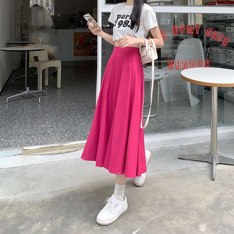 ピンクコーデ ふんわり シンプル 無地 タック フレア ロング プリーツ ピンクスカート