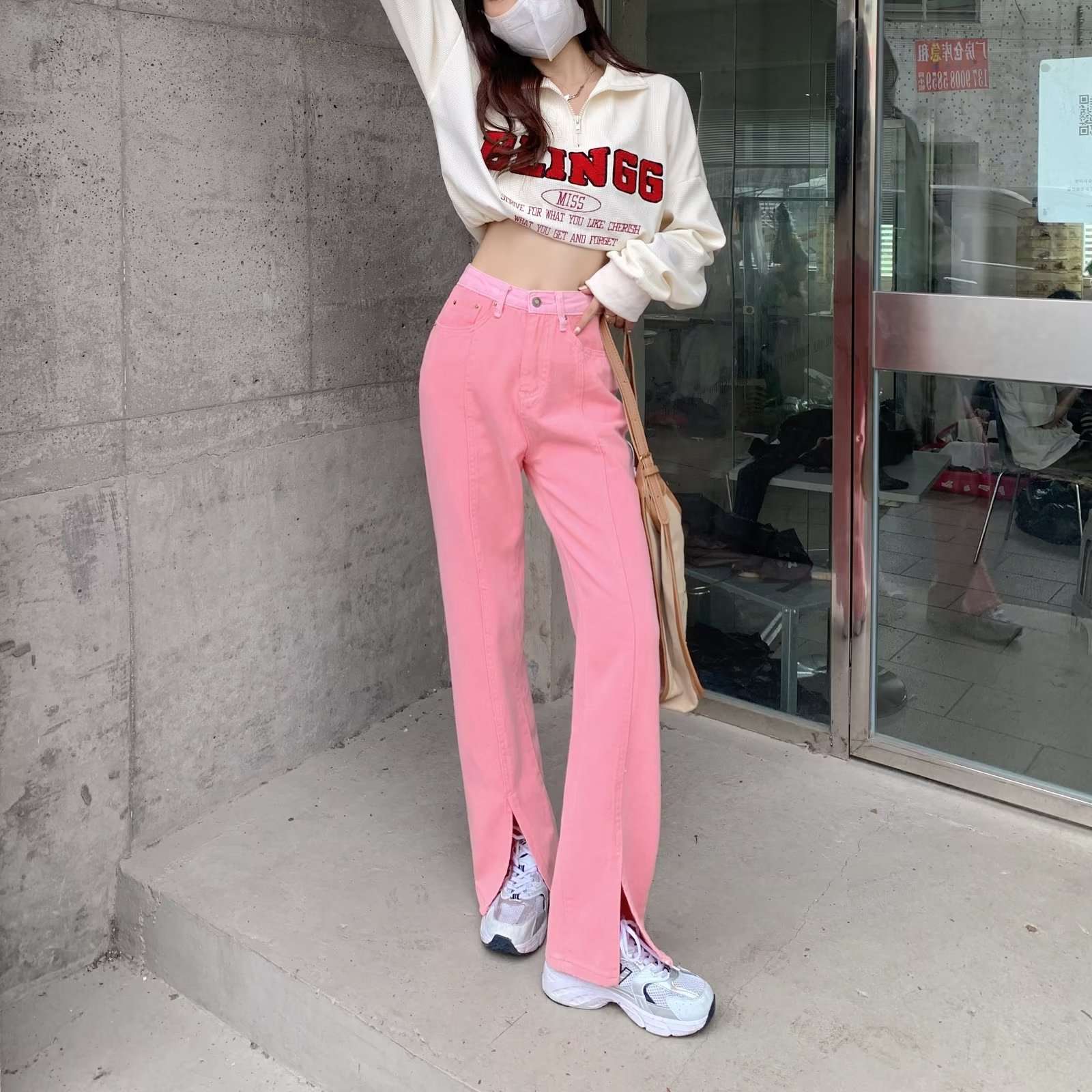 ピンクコーデ スリットフレアストレートピンクパンツ