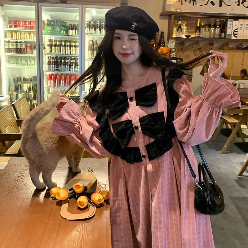 ピンクコーデ フリル付きロングワンピース