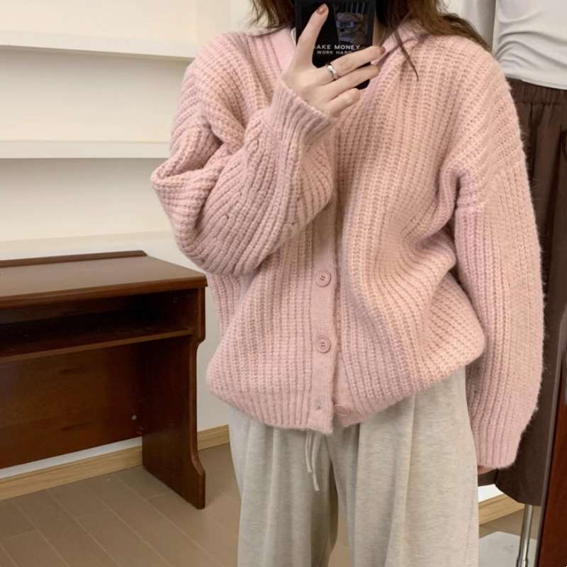 ピンクコーデ ふわもこ リブ編み ゆったり ローゲージニット パーカー 秋 冬 秋冬 レディース 着回し アウター 羽織り ピンクカーディガン ピンクコーデ