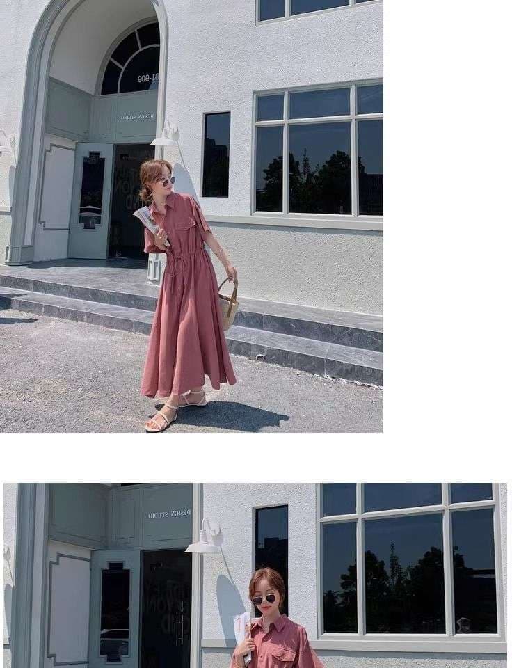 ピンクコーデ シャツカラーマキシピンクワンピース