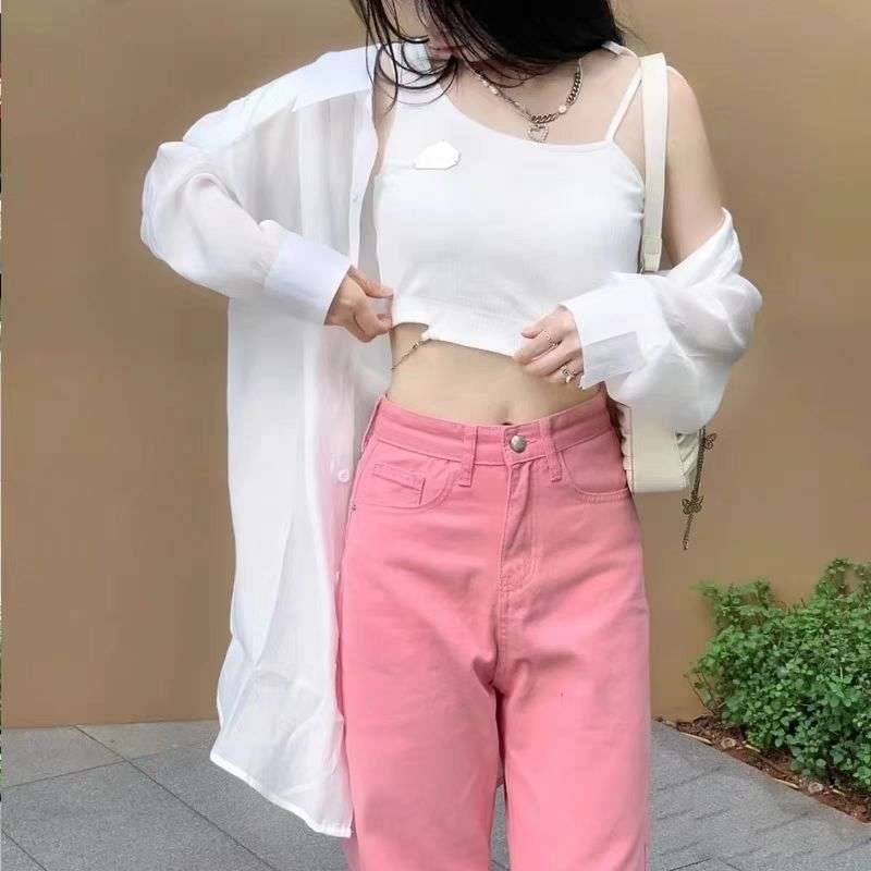 ピンクコーデ 華やか ゆったり カジュアル ハイウエスト 脚長 ストレート ピンクパンツ