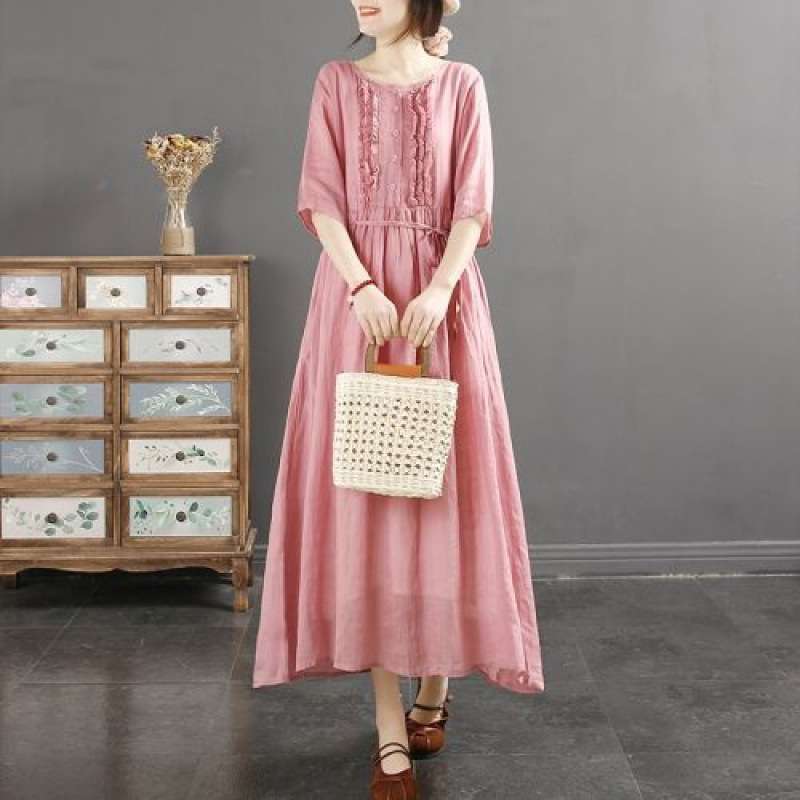 ピンクコーデ フリルデザイン 七分袖 ロングワンピース