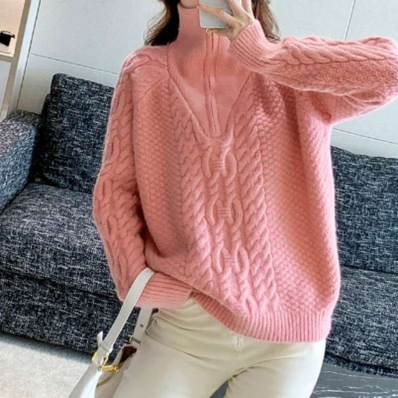 ピンクコーデ ふわもこ ケーブルニット プルオーバー あったか 秋冬 ハーフジップ トップス ピンクセーター