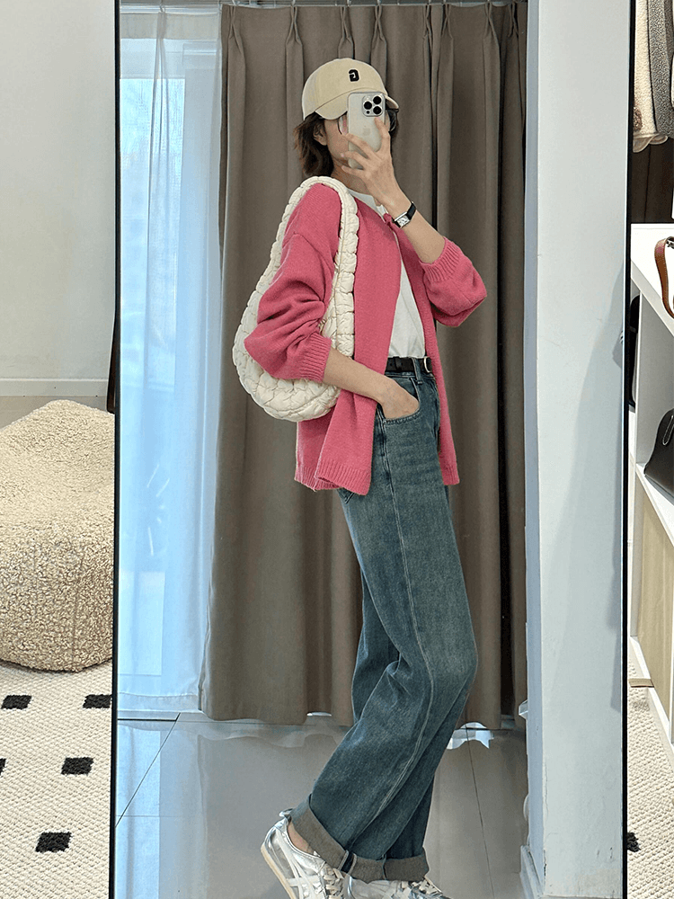 ピンクコーデ ゆったりシルエット春色ニットカーディガン