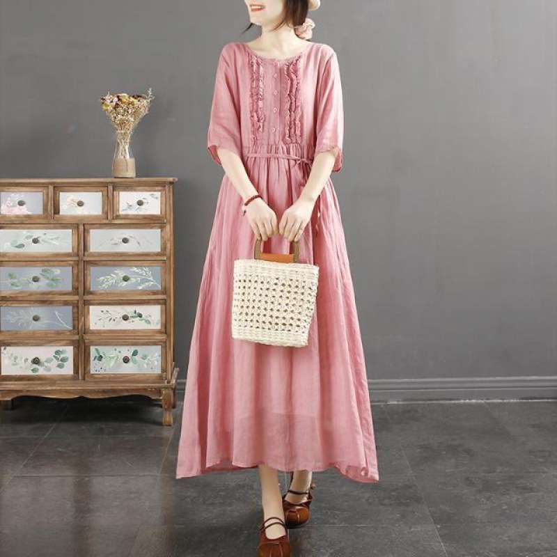 ピンクコーデ フリルデザイン 七分袖 ロングワンピース