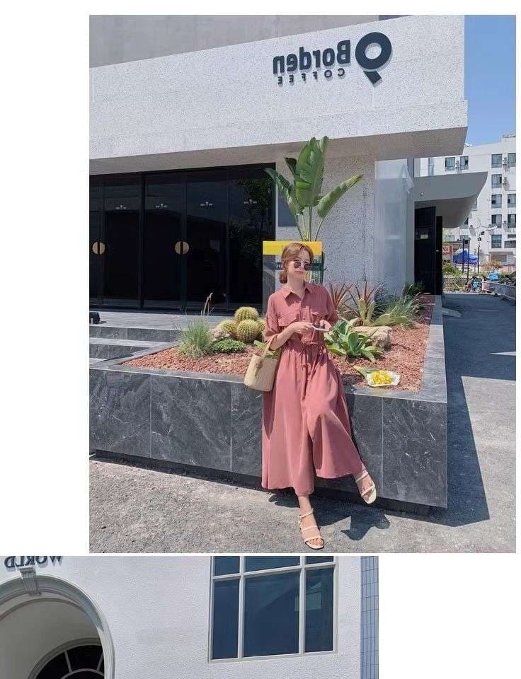 ピンクコーデ シャツカラーマキシピンクワンピース